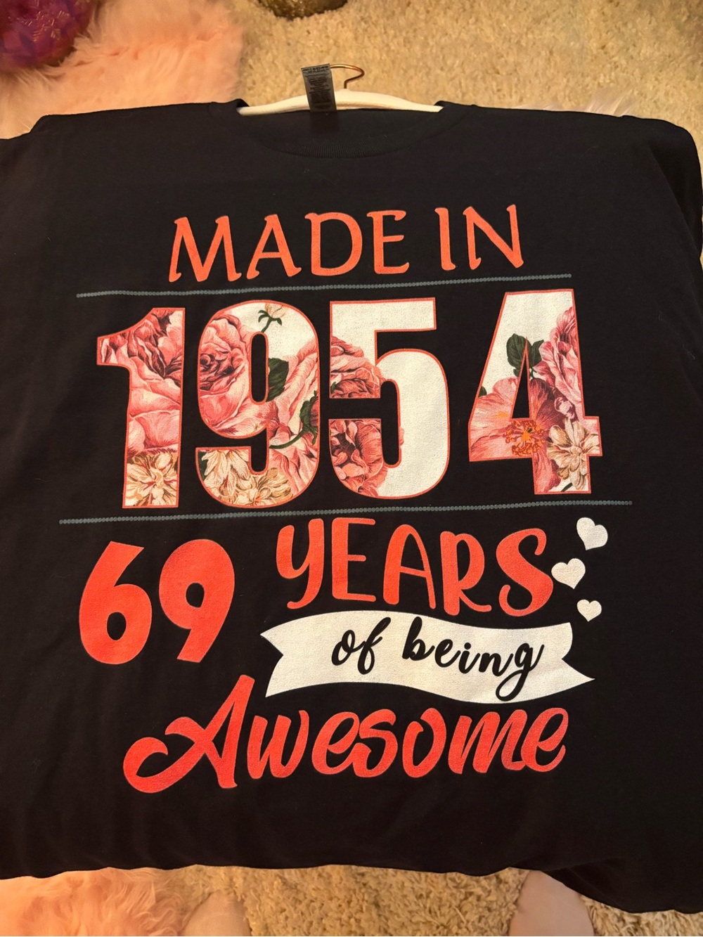 Gildan Black Short Sleeve Tee with Coral and White Floral '1954' Graphic